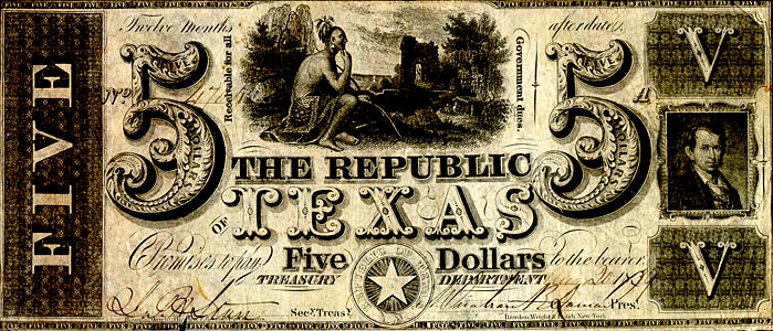 Republic of Texas $5 Bill