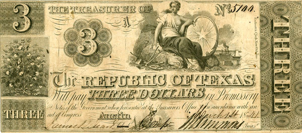 Republic of Texas Three Dollar Currency